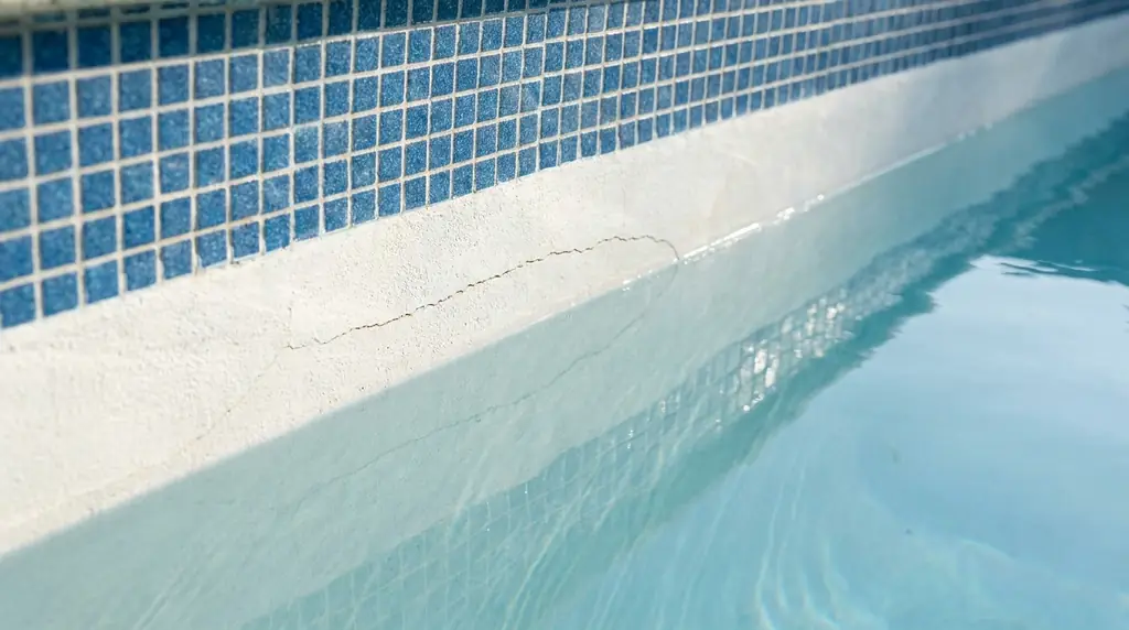 A hairline crack running along the waterline tile of an inground pool, the kind of damage that is usually repairable