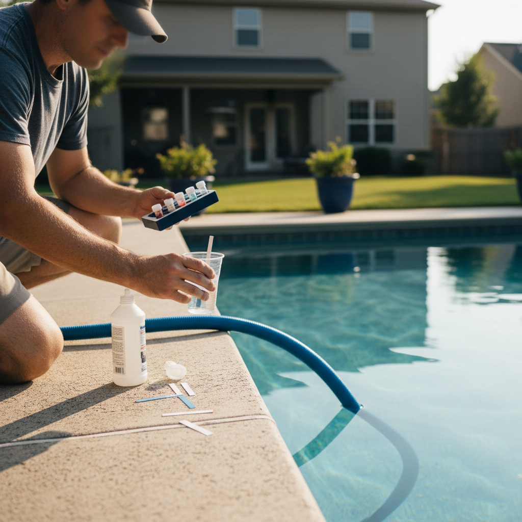 Pool owner testing water chemistry beside a residential pool, illustrating the ongoing maintenance reality of plaster pools