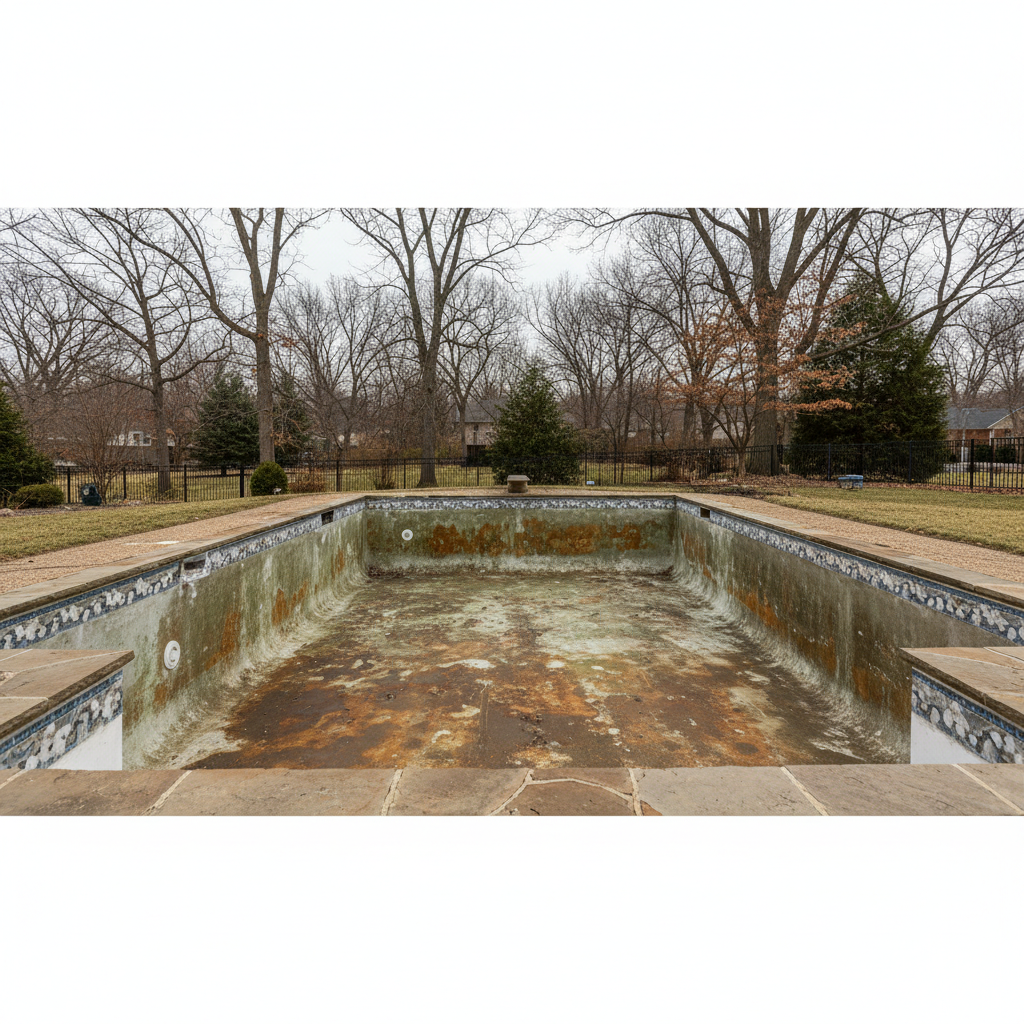 Pool surface before renovation showing aged plaster with staining and rough texture