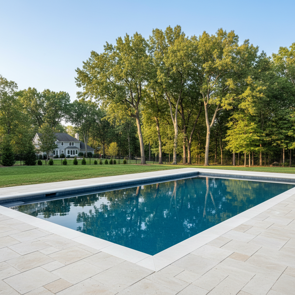 Completed pool renovation in an upscale Kansas City metro backyard, warm natural daylight