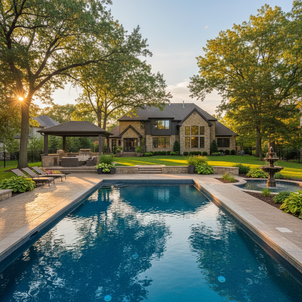 Upscale Kansas City suburban backyard with renovated pool and mature trees at late afternoon, aspirational and grounded local Kansas City setting