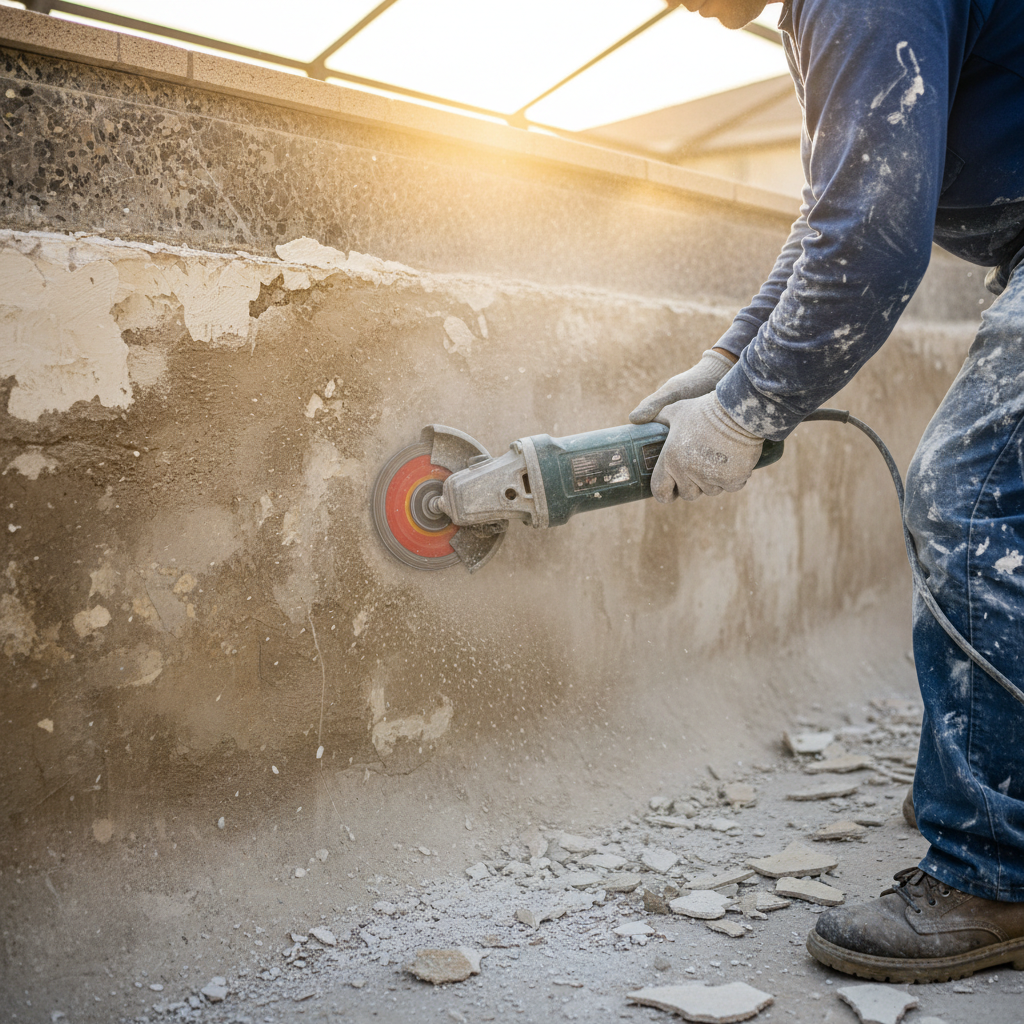 Pool renovation crew preparing the interior shell of a drained residential pool with an angle grinder, showing the thorough surface prep that makes a coating last